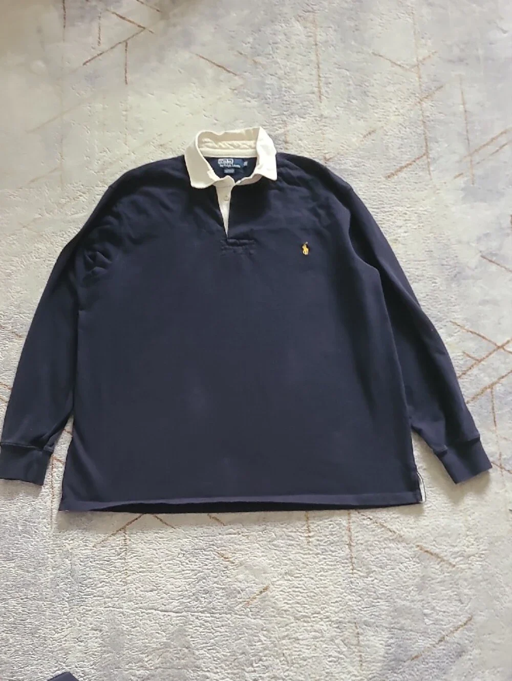 Vtg Polo Ralph Lauren Rugby Shirt 2LT Tall Navy Cream Elbow Patch Big & Tall